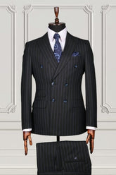 Black Striped Double Breasted Peaked Lapel Business Suit